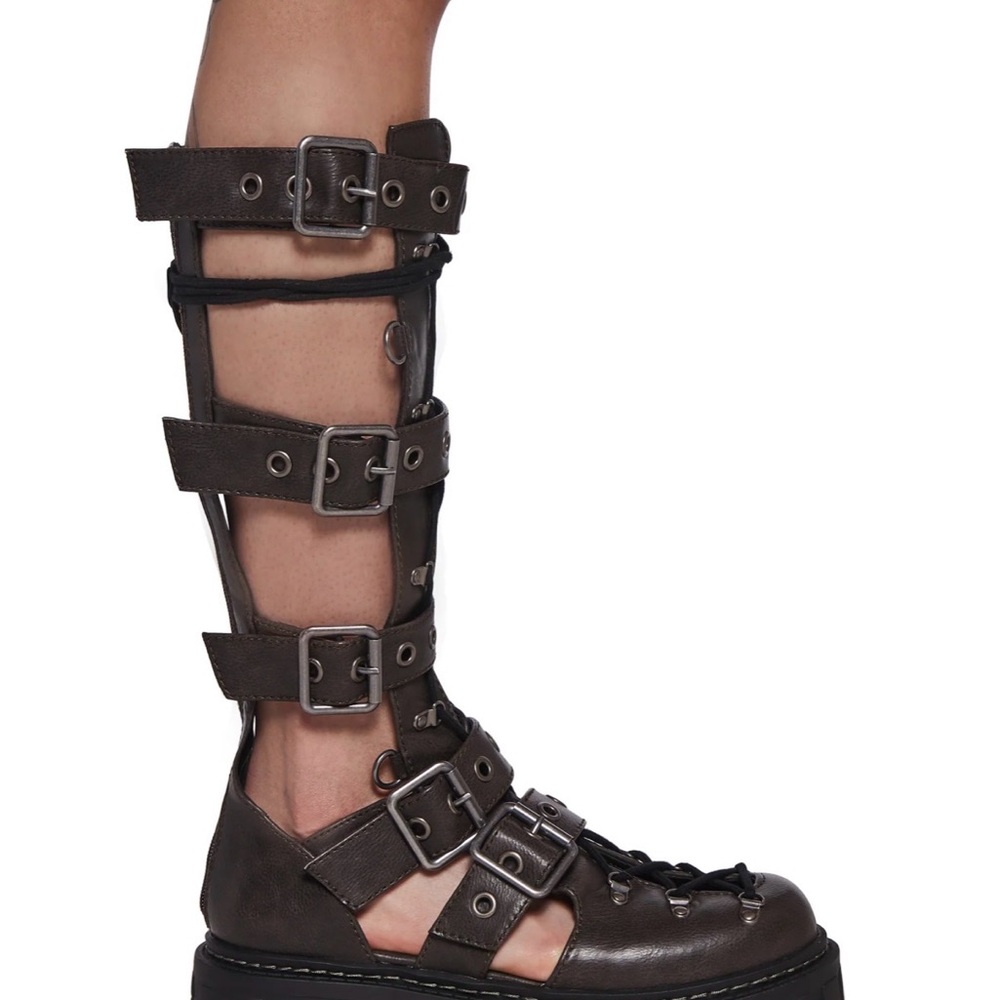 Dolls Kill Dark Brown Gladiator Strapped Combat Platform Boot - Picture 5 of 8